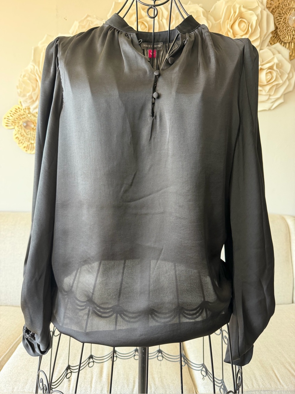 Vince Camuto Black Semi-Sheer Button-Front Blouse